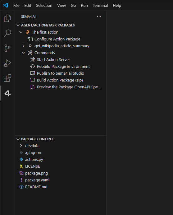 VS Code sidebar with new action created