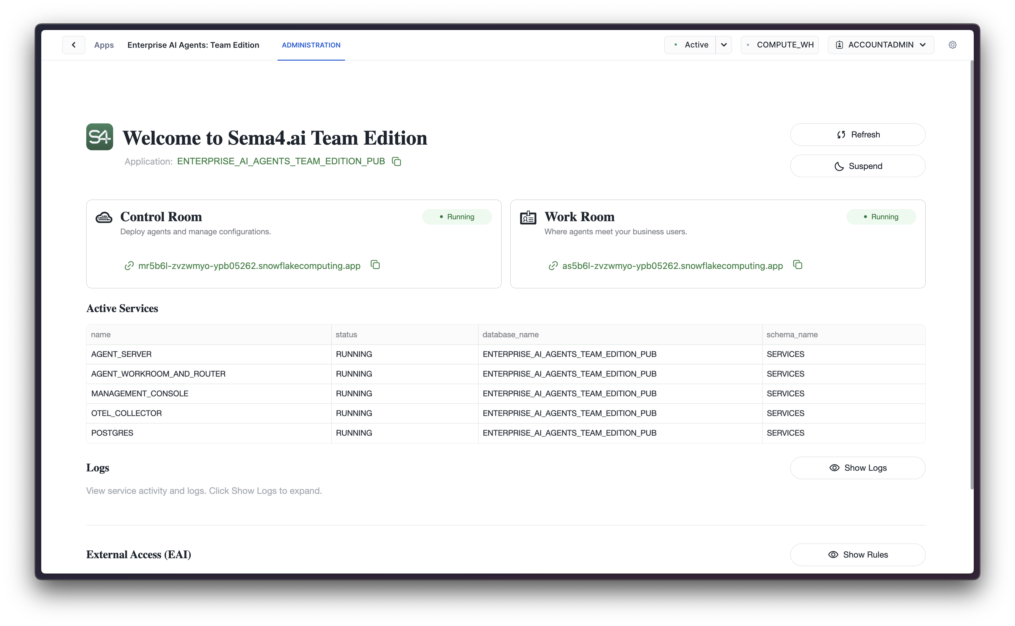 Admin view of the Team Edition allows you to start the services and manage their state