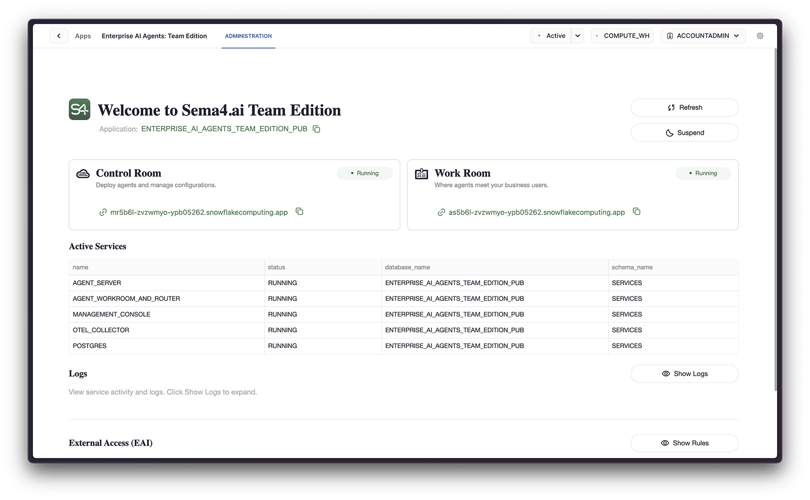Admin view of the Team Edition allows you to start the services and manage their state