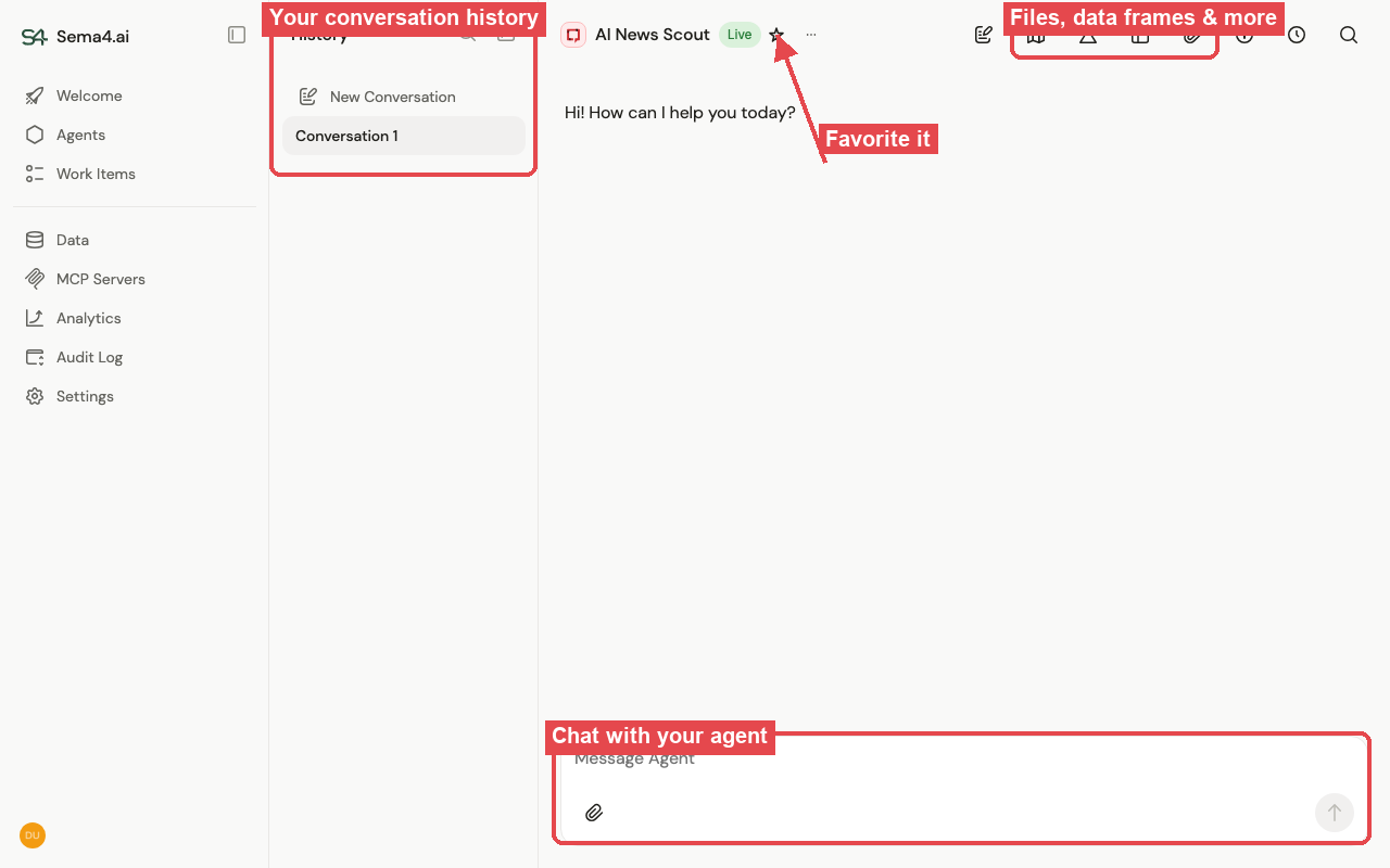 The agent view: conversation history on the left, the favorite star and side-panel icons, the chat in the center, and the message box