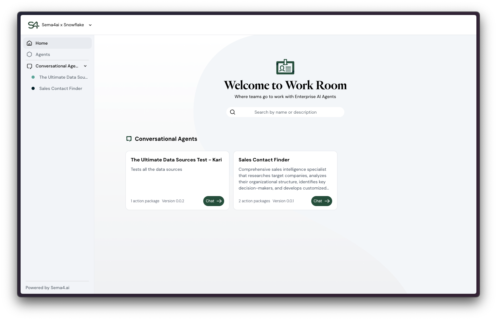 Agent Home screen of Sema4.ai Team Edition Work Room
