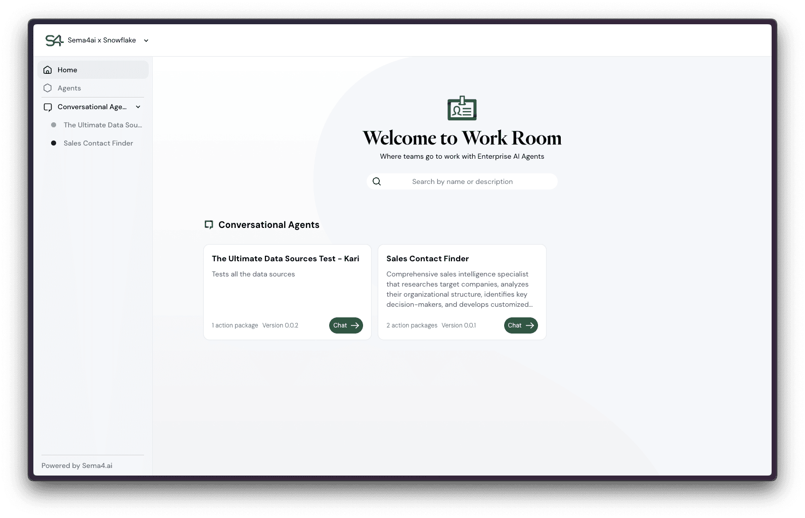 Agent Home screen of Sema4.ai Team Edition Work Room
