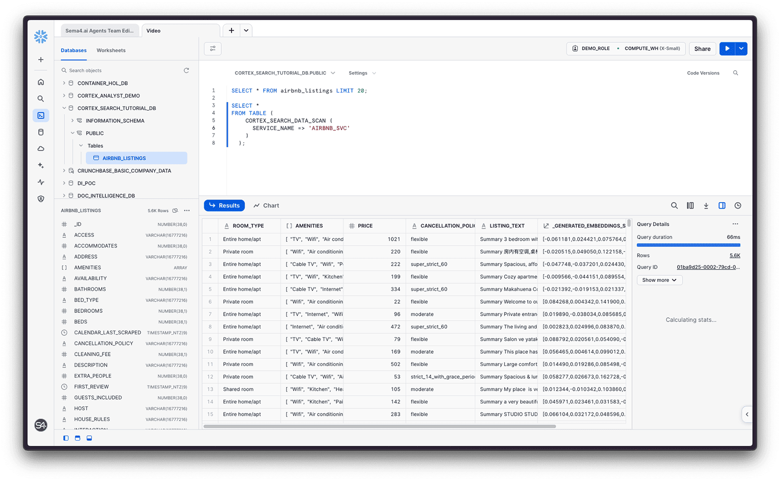Sample of Search service data in Snowflake