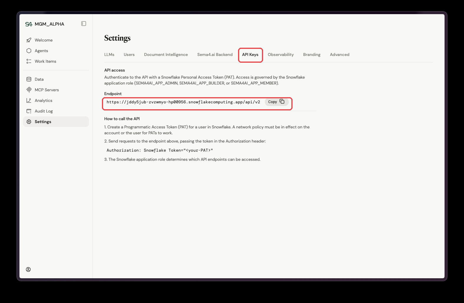 The Settings page with the API Keys tab and the endpoint URL highlighted