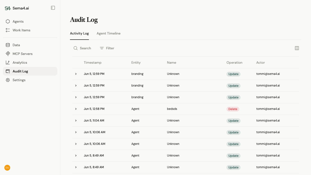 The Audit Log activity view: timestamp, entity, operation, and actor for each change