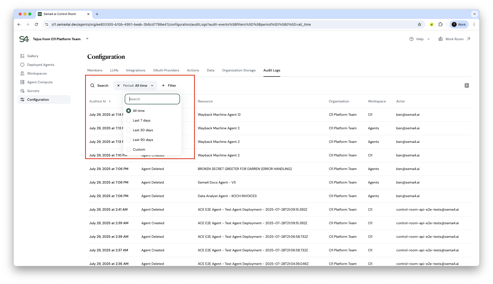 Audit Logs Time Period Selector