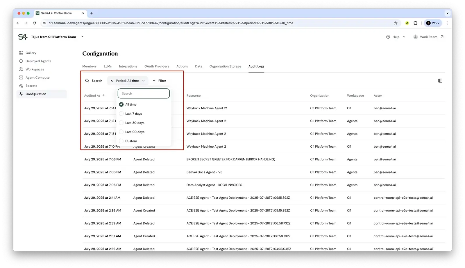 Audit Logs Time Period Selector