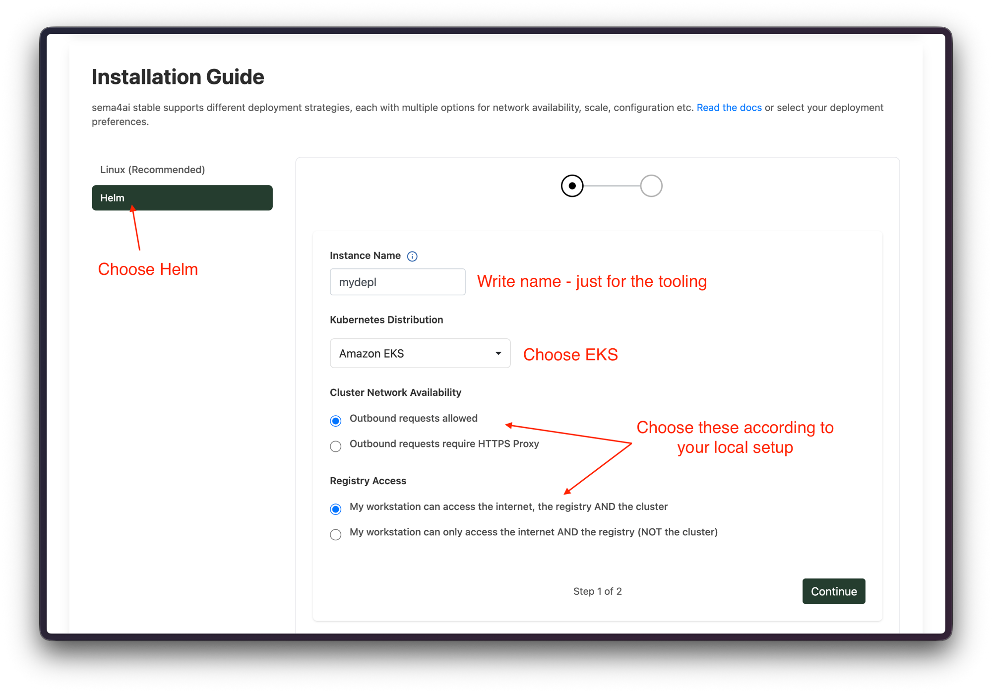 Enterprise portal install step 1: choose Helm, Amazon EKS, and the network/registry options