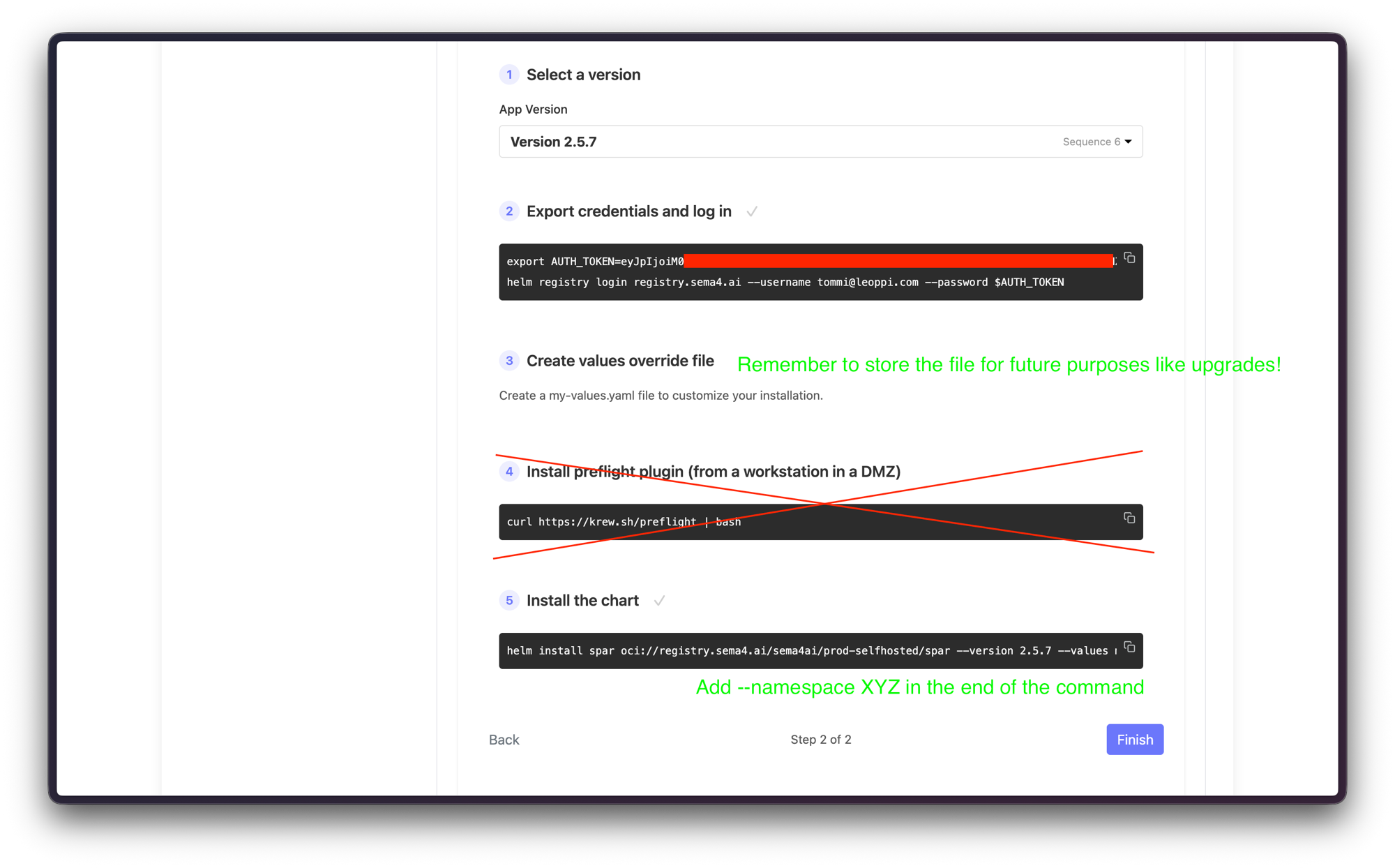 Enterprise portal Helm Online Install: export credentials, create values, skip preflight, install the chart