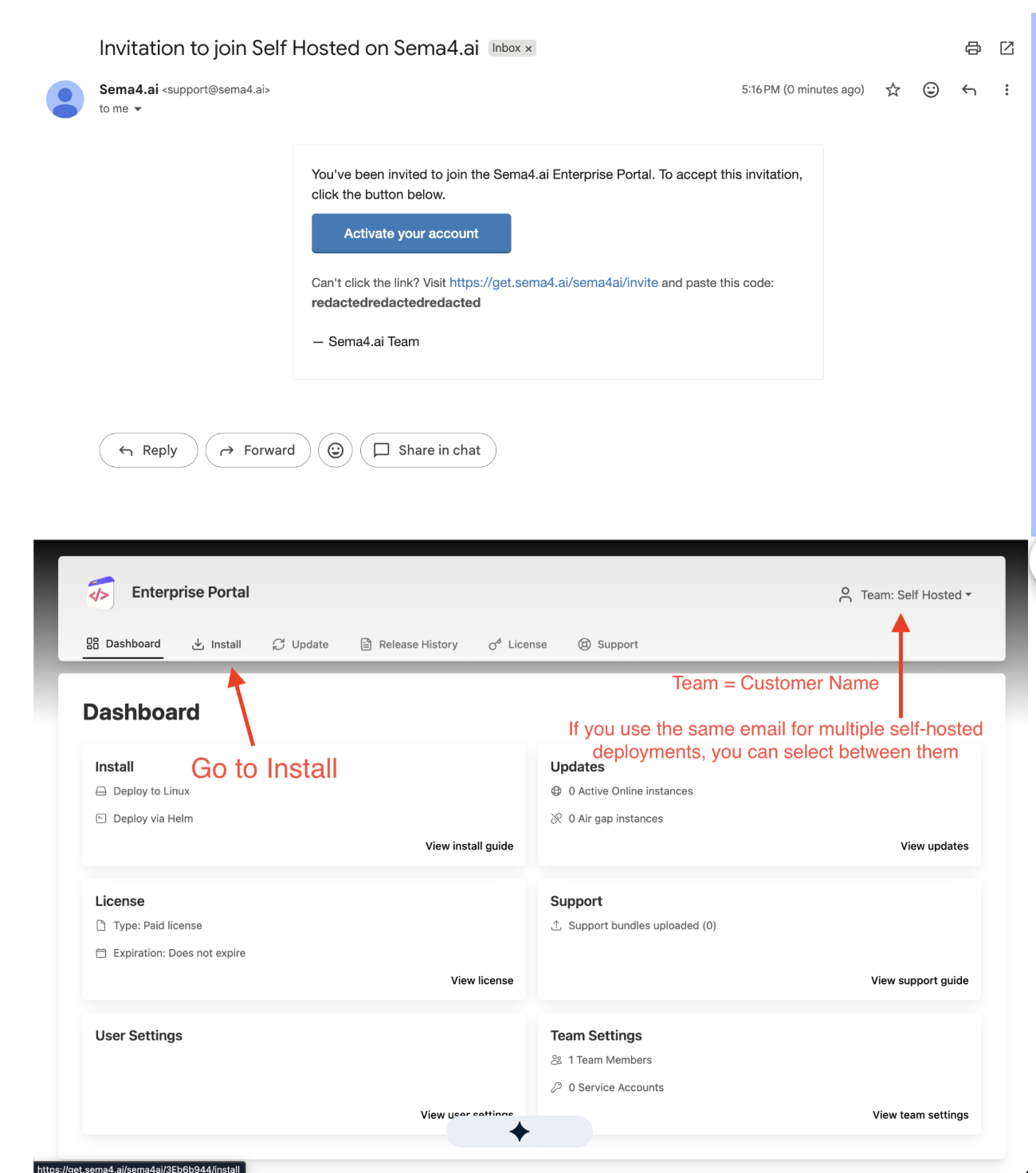 Sema4.ai Enterprise portal invitation and dashboard