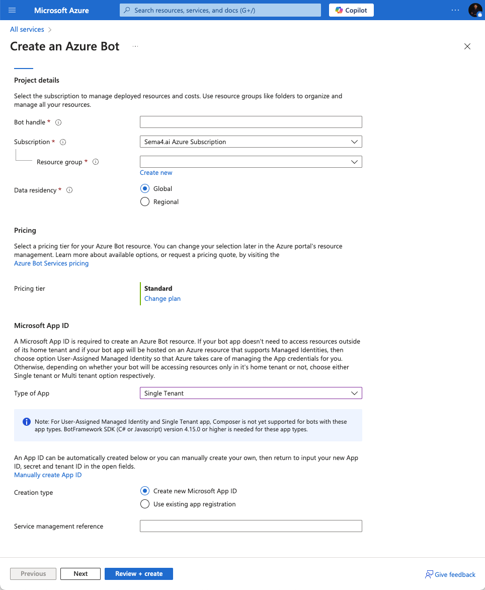 Create new Azure bot