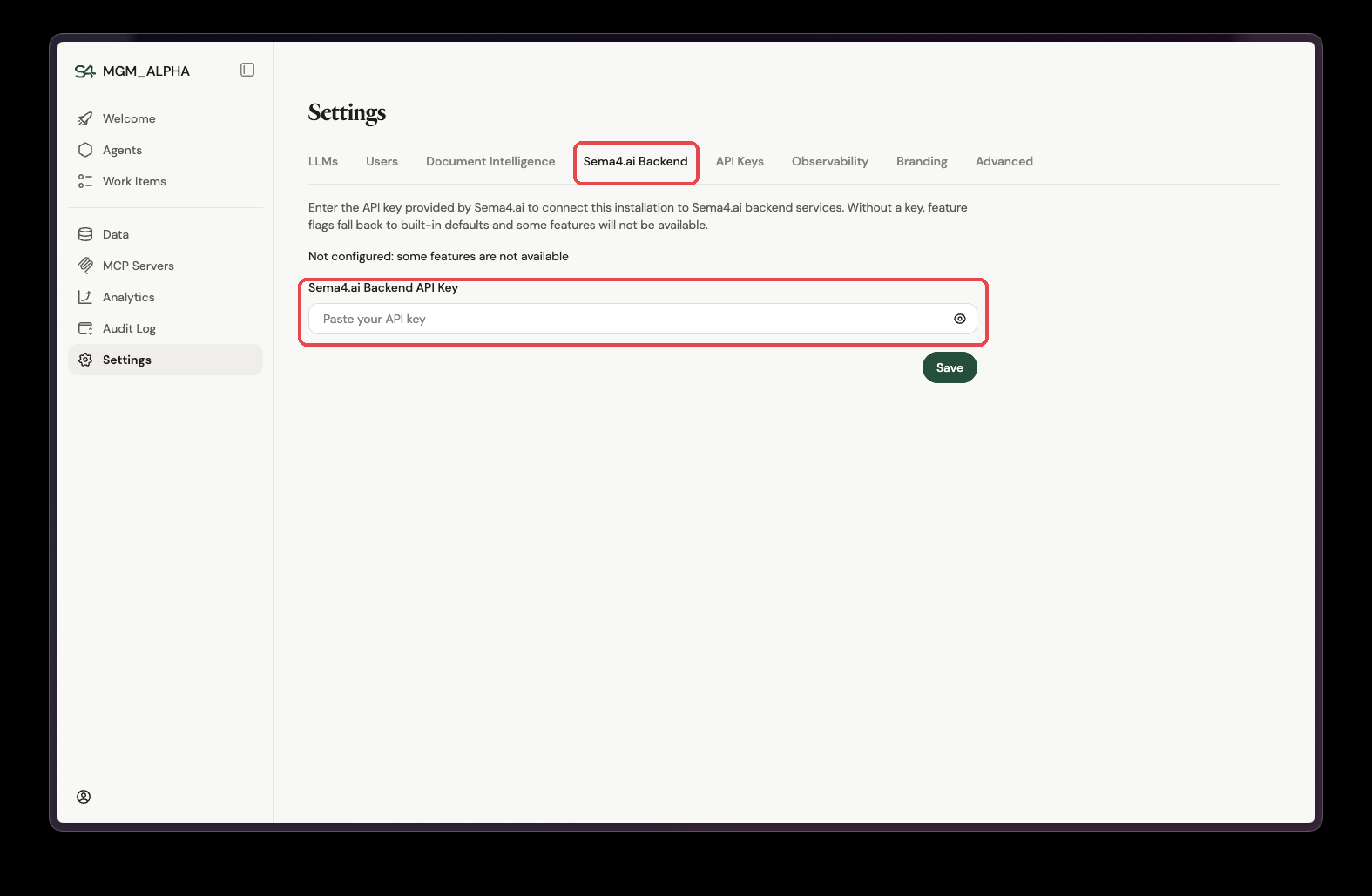 The Settings page with the Sema4.ai Backend tab and the API key field highlighted
