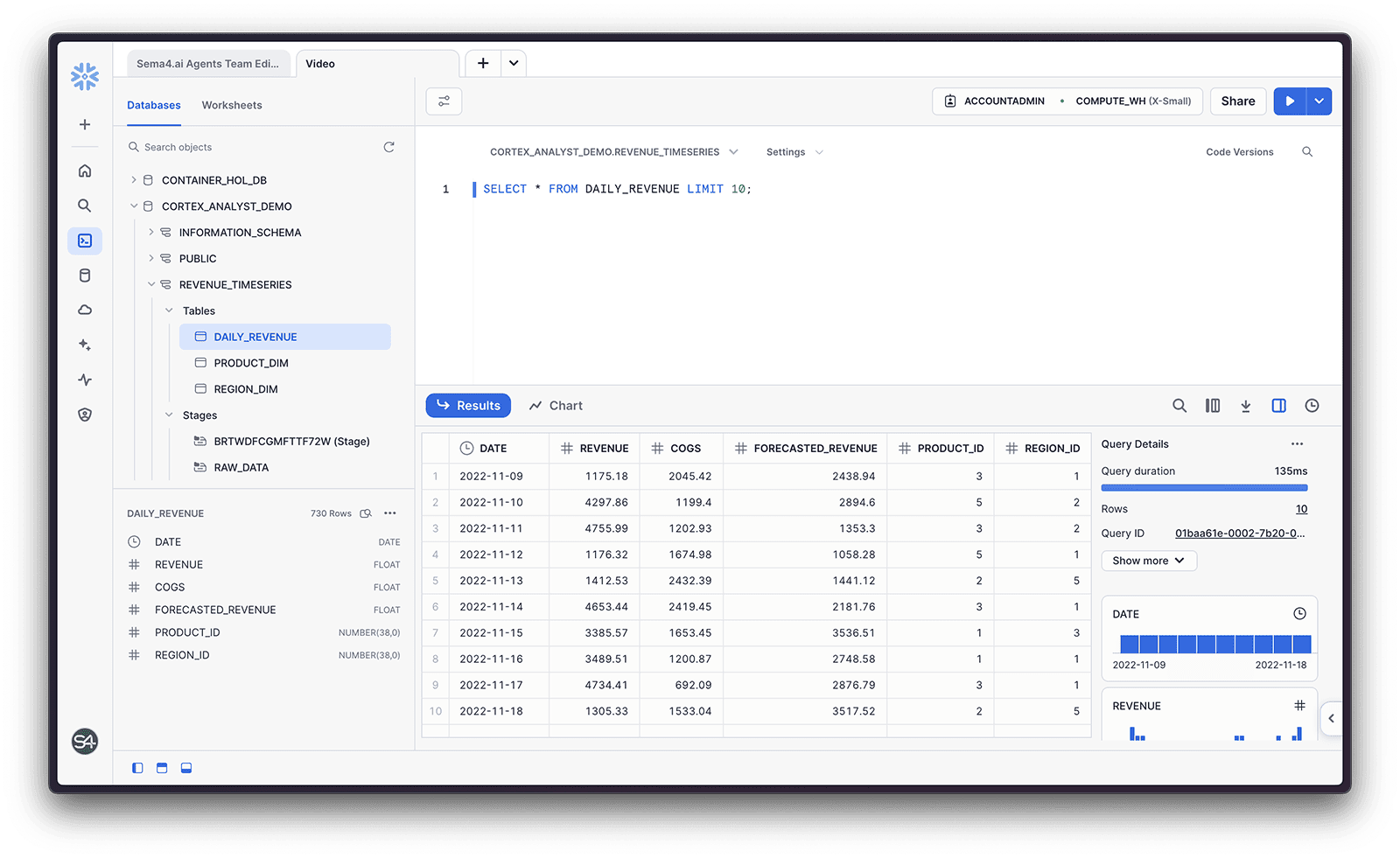 Sample of Analyst demo data in Snowflake