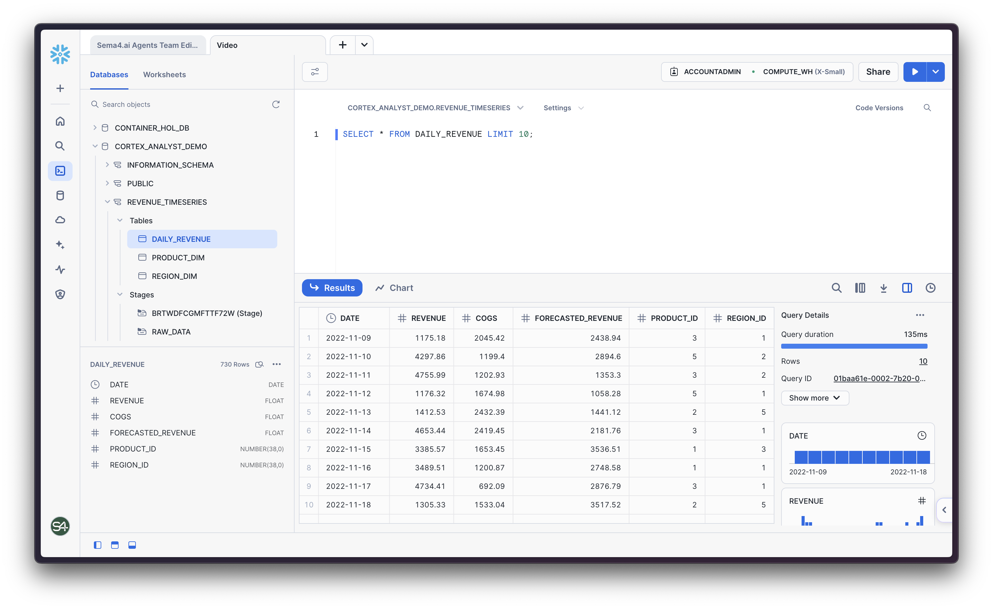 Sample of Analyst demo data in Snowflake
