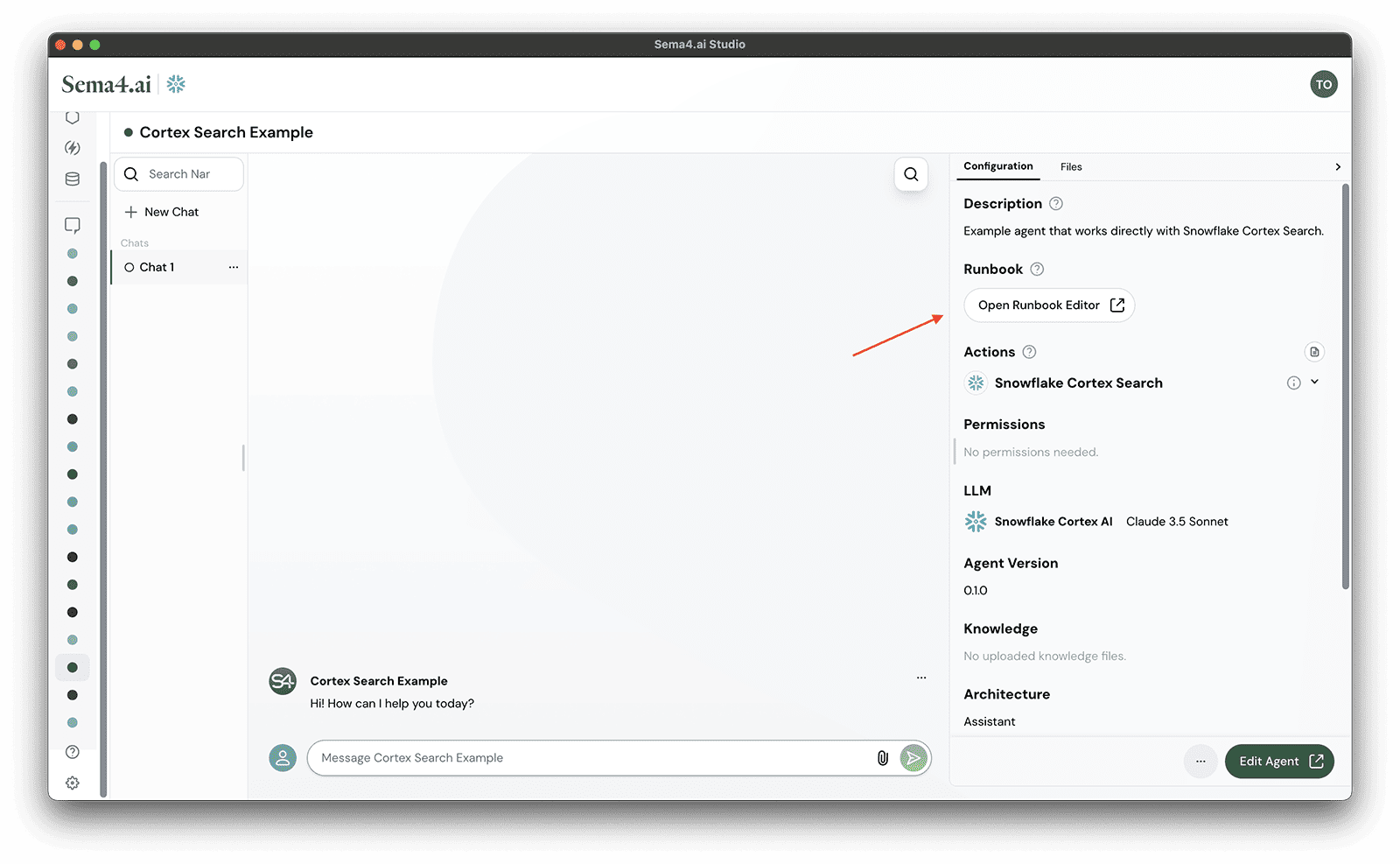 Agent chat view, and the Runbook editor
