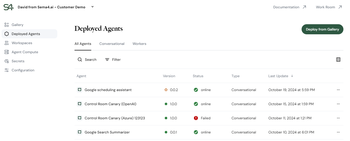 Overview of deployed agents in Control Room