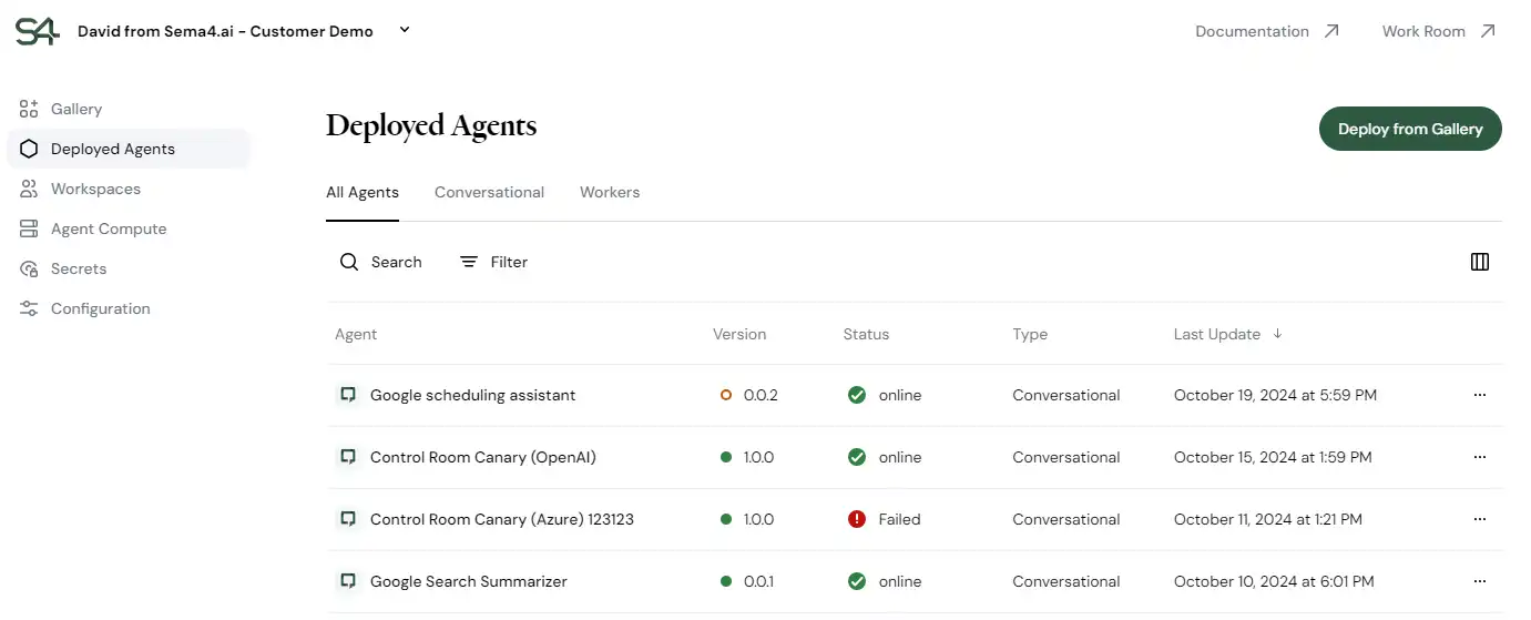 Overview of deployed agents in Control Room