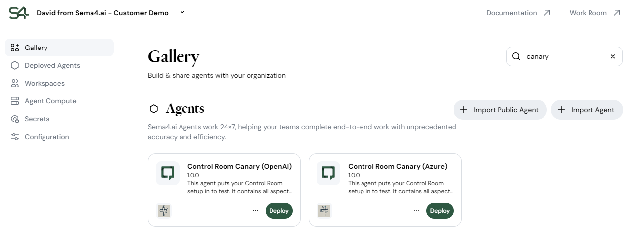 Control Room Gallery with Canary agents filtered out
