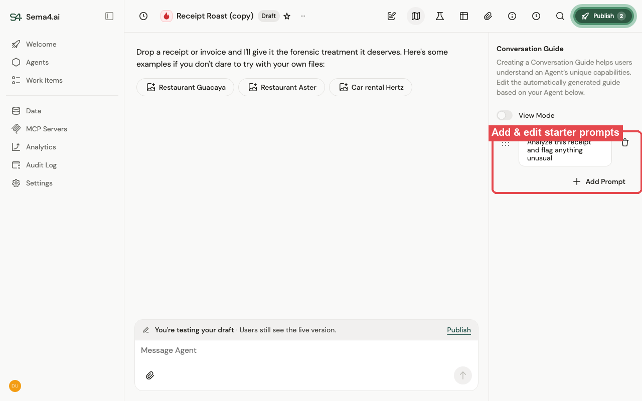 The Conversation Guide editor on the right, and the starter prompts users click on the left