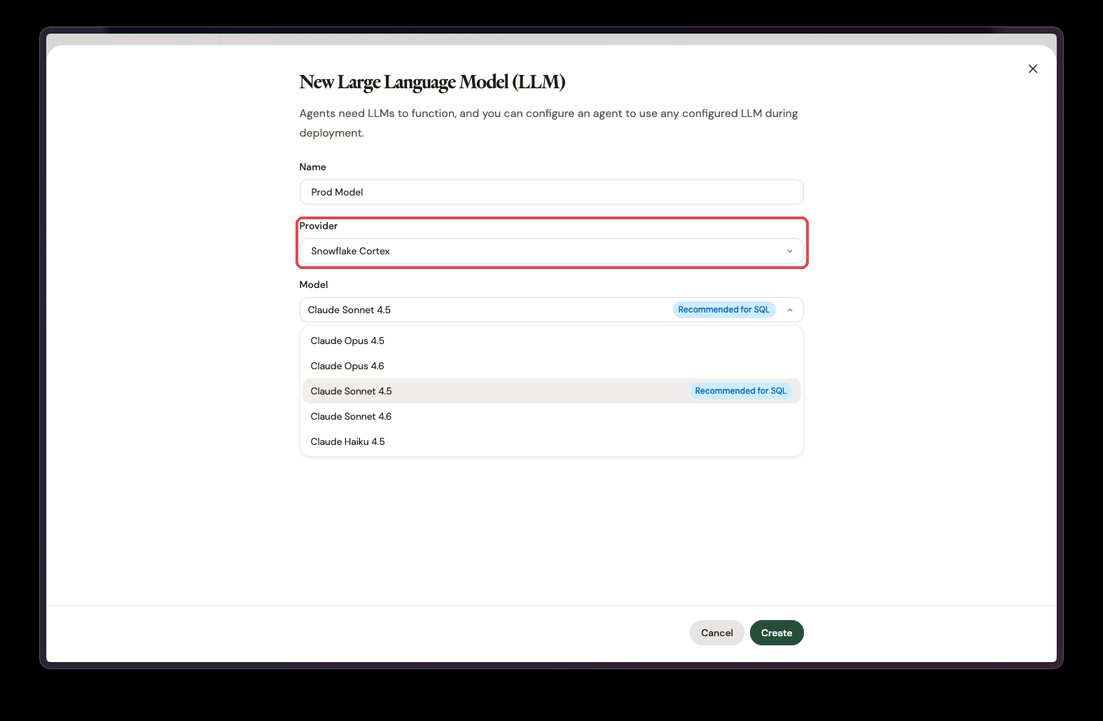The New Large Language Model dialog with Snowflake Cortex selected as the provider and the model list open