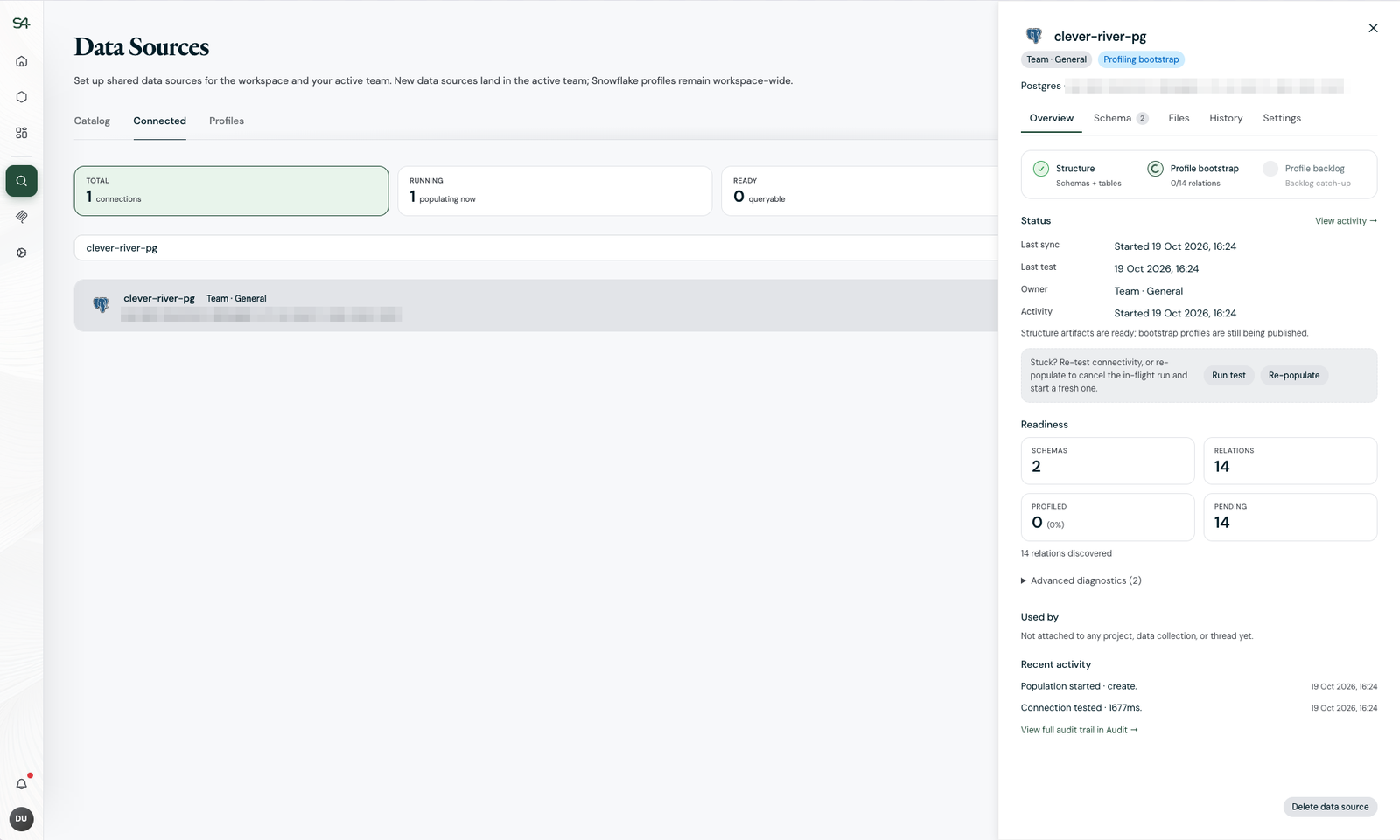 A connected Postgres source: its readiness, status, and what uses it