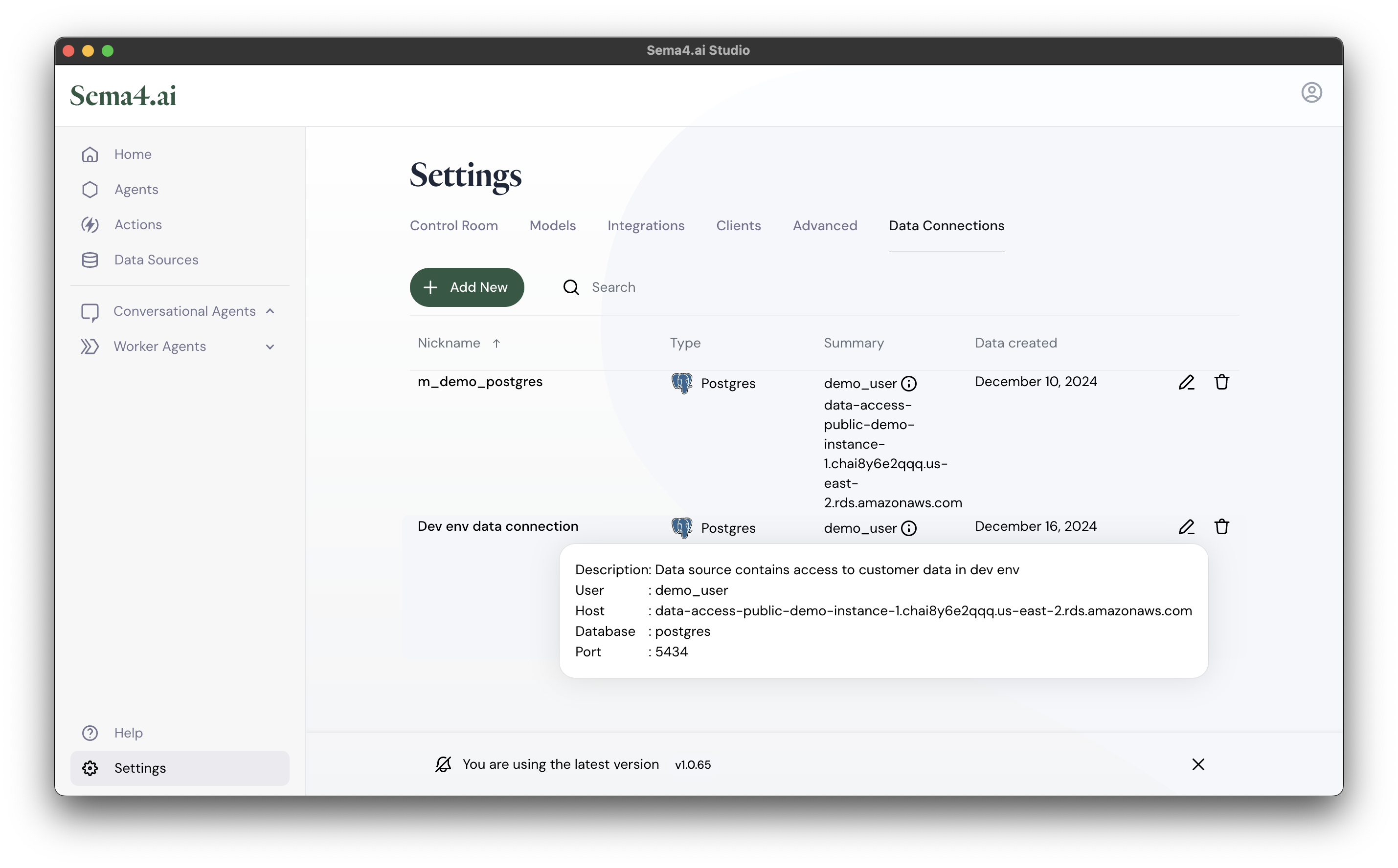 Data Connections view