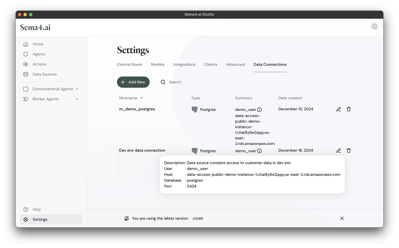 Data Connections view