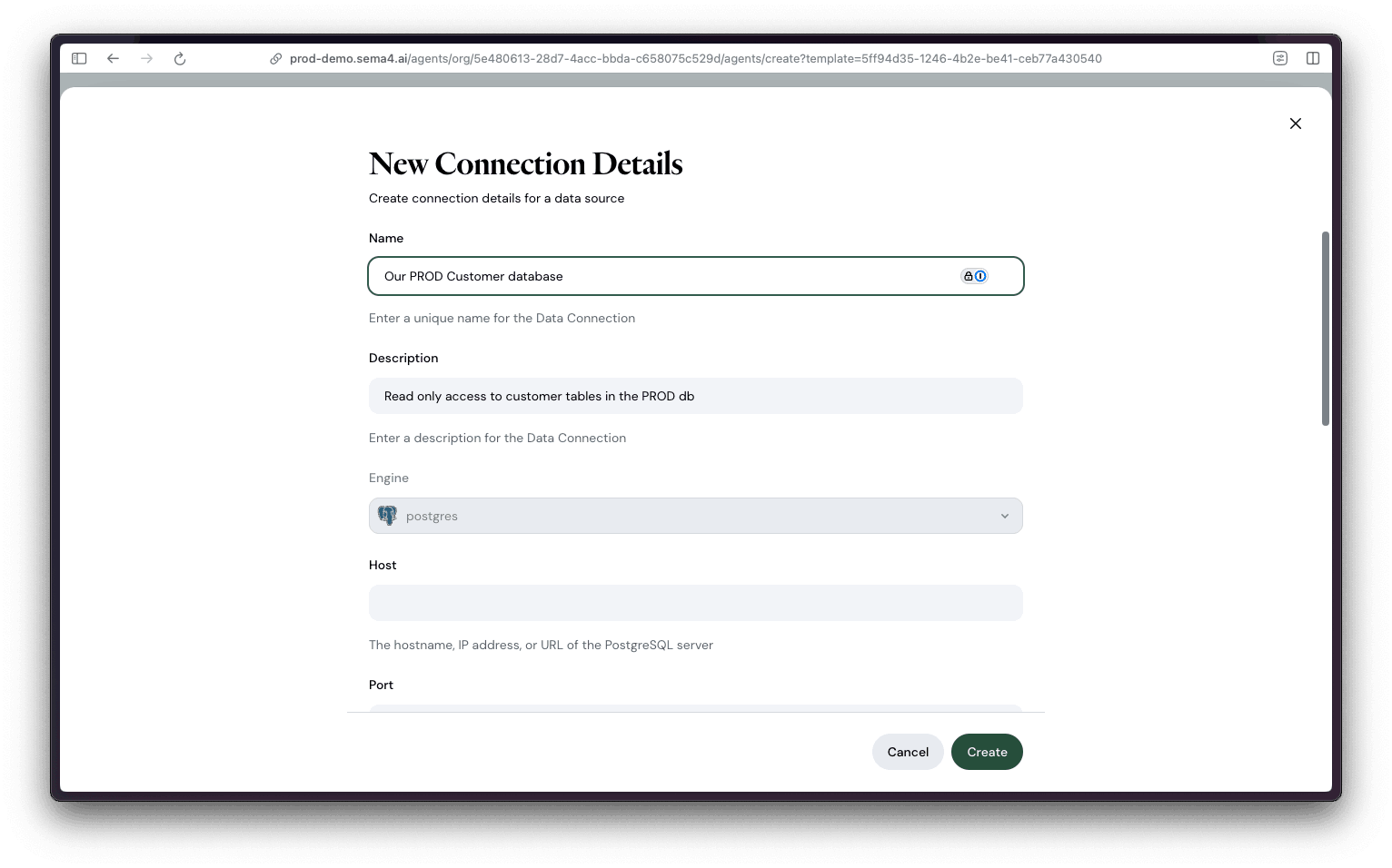 Create new connection detail