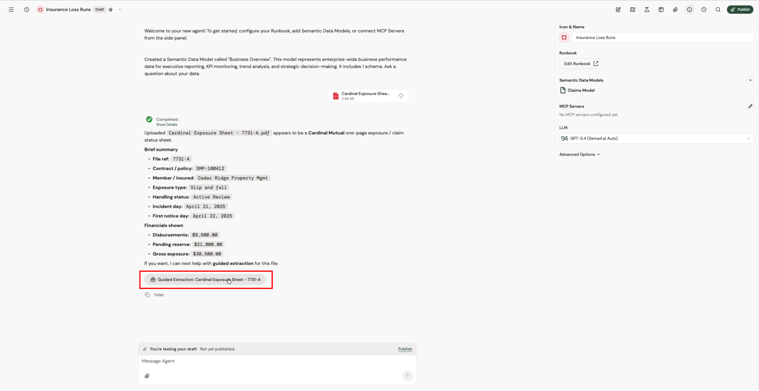 The agent's reply to an uploaded PDF, with the Guided Extraction button highlighted