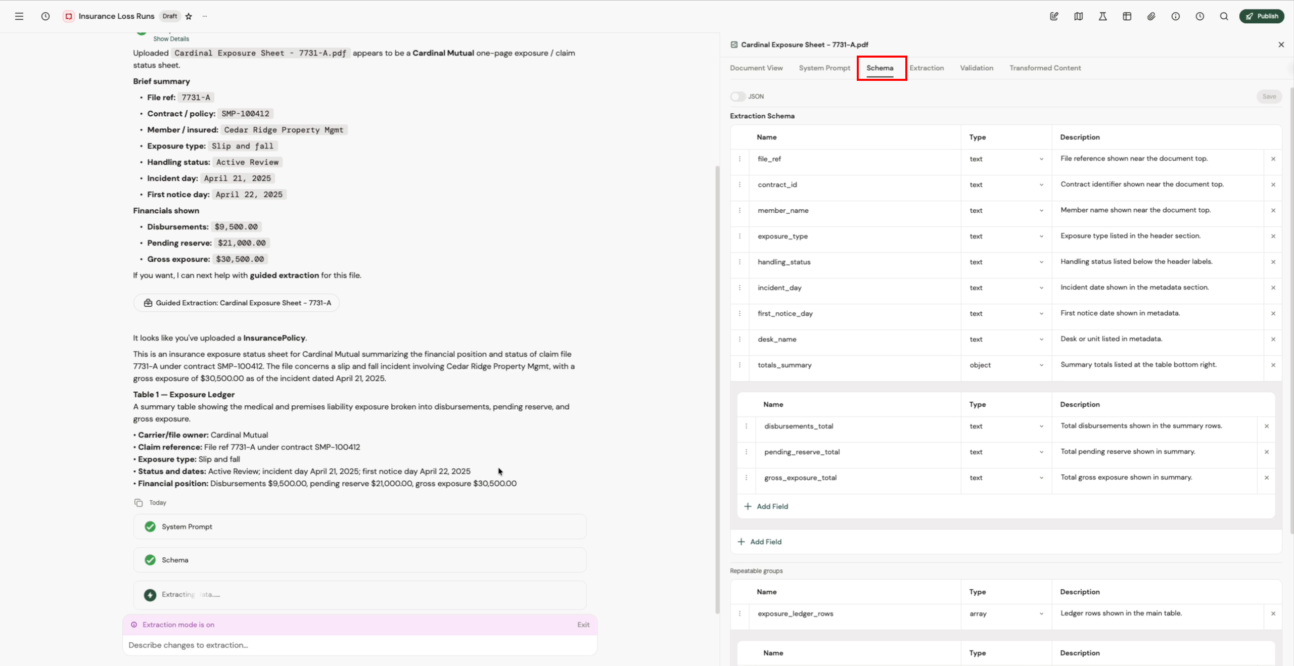 Reviewing the generated extraction schema in the side panel: fields with names, types, and descriptions
