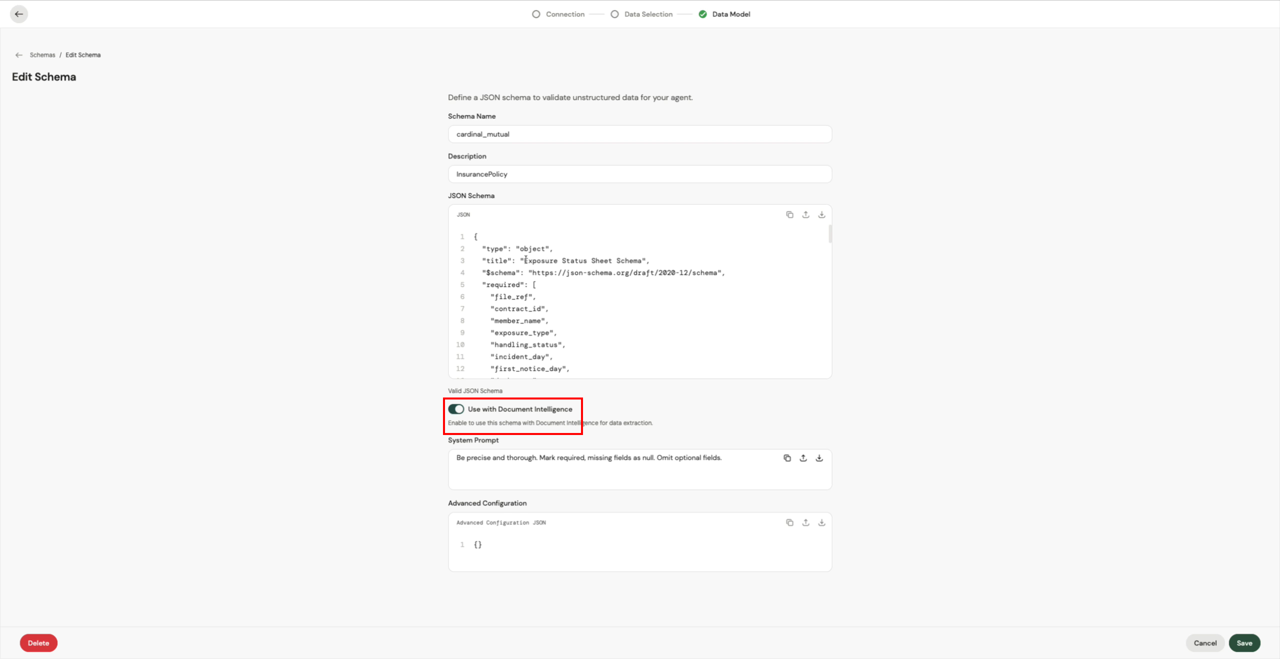 The Edit Schema view in the SDM create flow, with the Use with Document Intelligence toggle highlighted