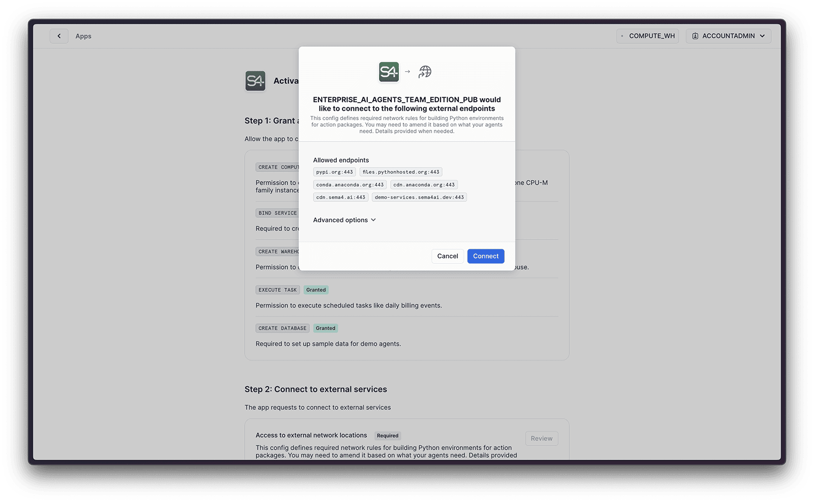 External Access Integrations screen