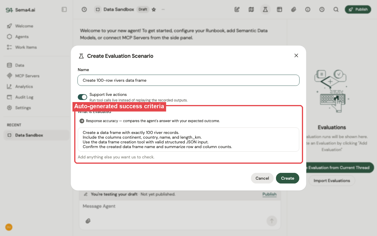Creating an evaluation scenario: a name, the live-actions toggle, and editable auto-generated success criteria