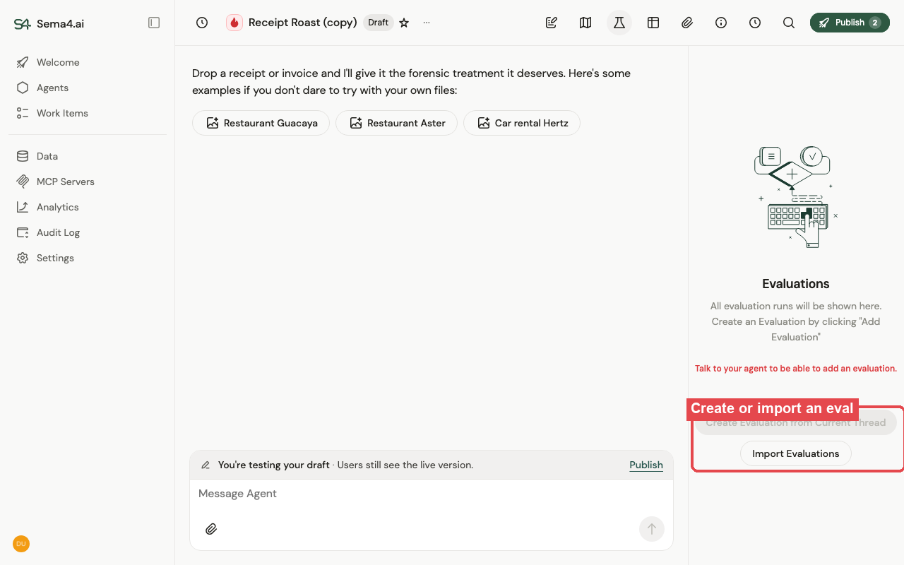 The Evaluations panel, where you create an eval from the current thread or import existing ones