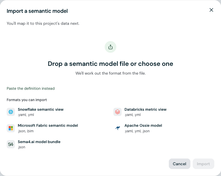 Import a semantic model: a drop area and the formats you can import