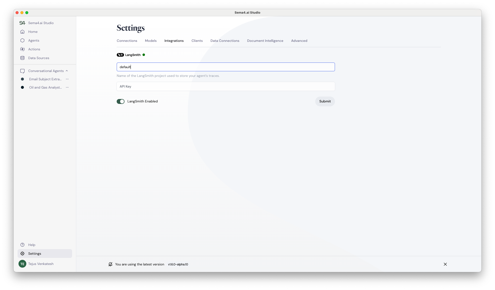 Langsmith settings in Sema4.ai Studio