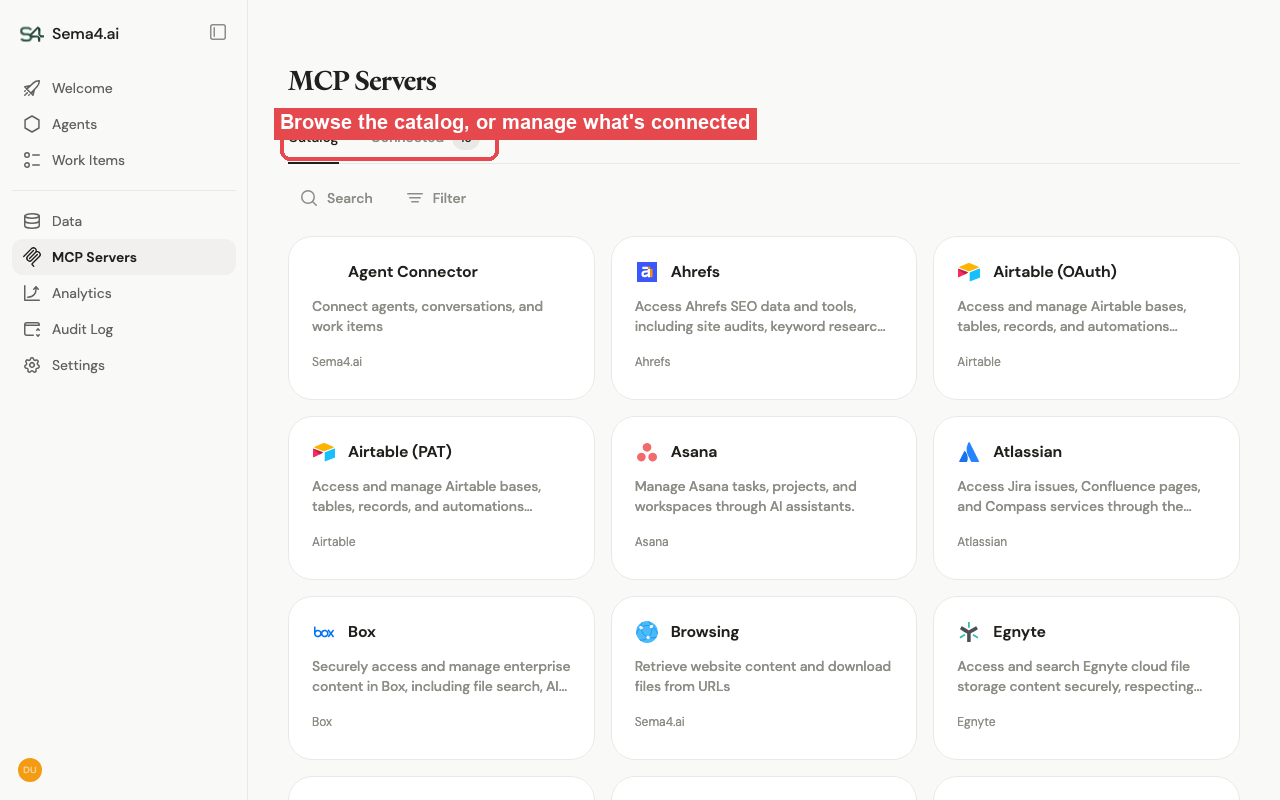 The MCP Servers Catalog tab: a grid of available servers to browse and connect
