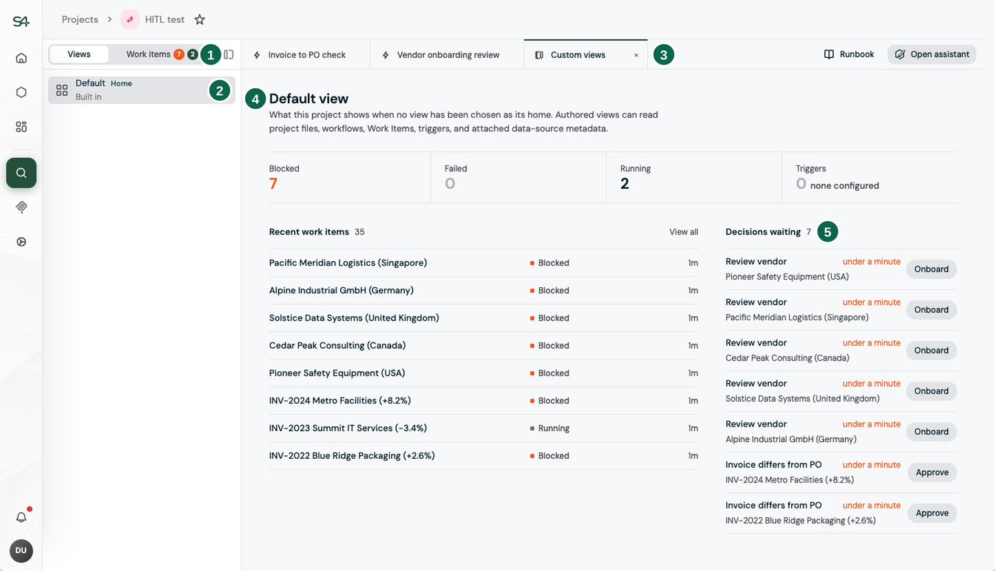 A Project as a member sees it: the rail switch with its counts, the list of views, the open tabs, the Project's default view, and the decisions waiting