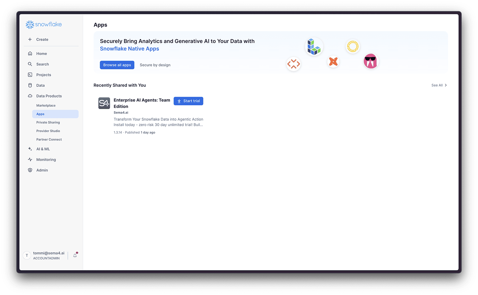 Start the installation from Data Product -> Apps tab