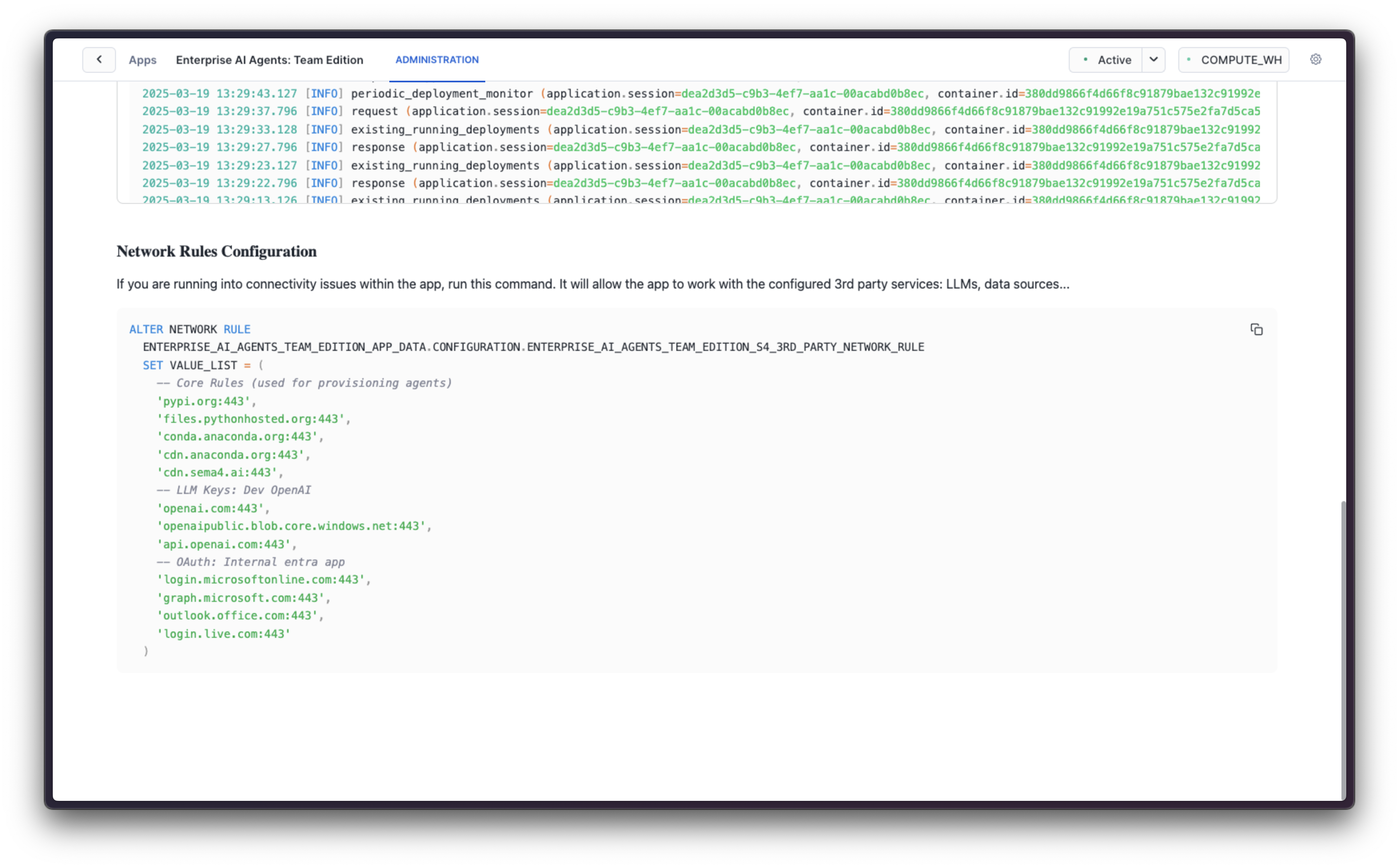 Network rules in the Admin view
