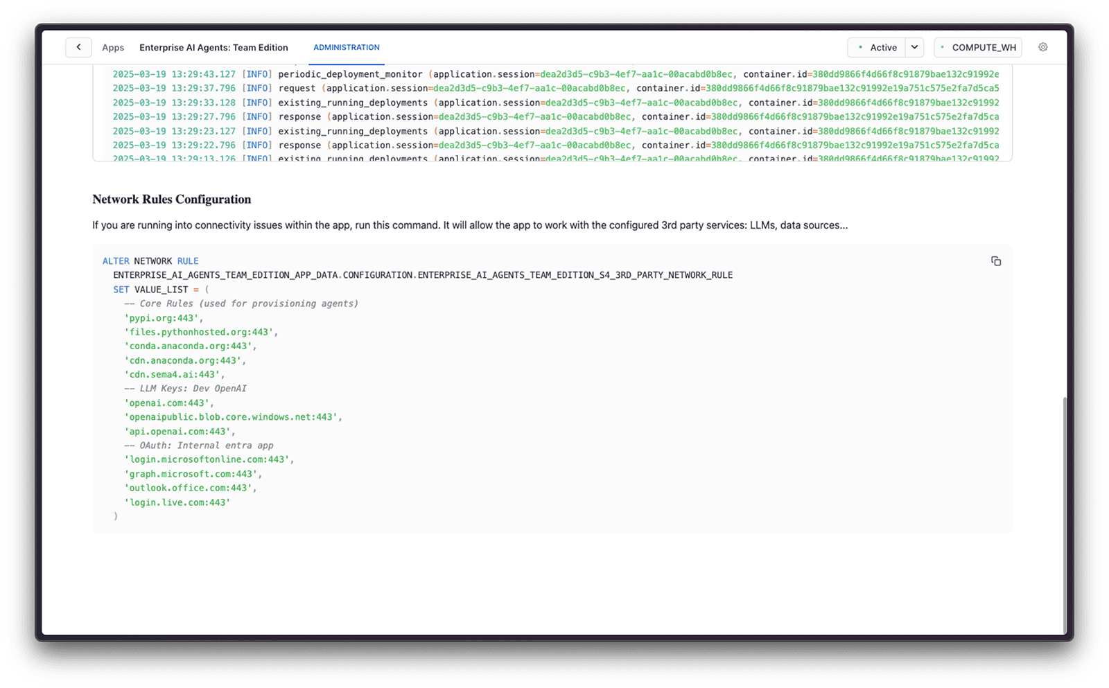 Network rules in the Admin view
