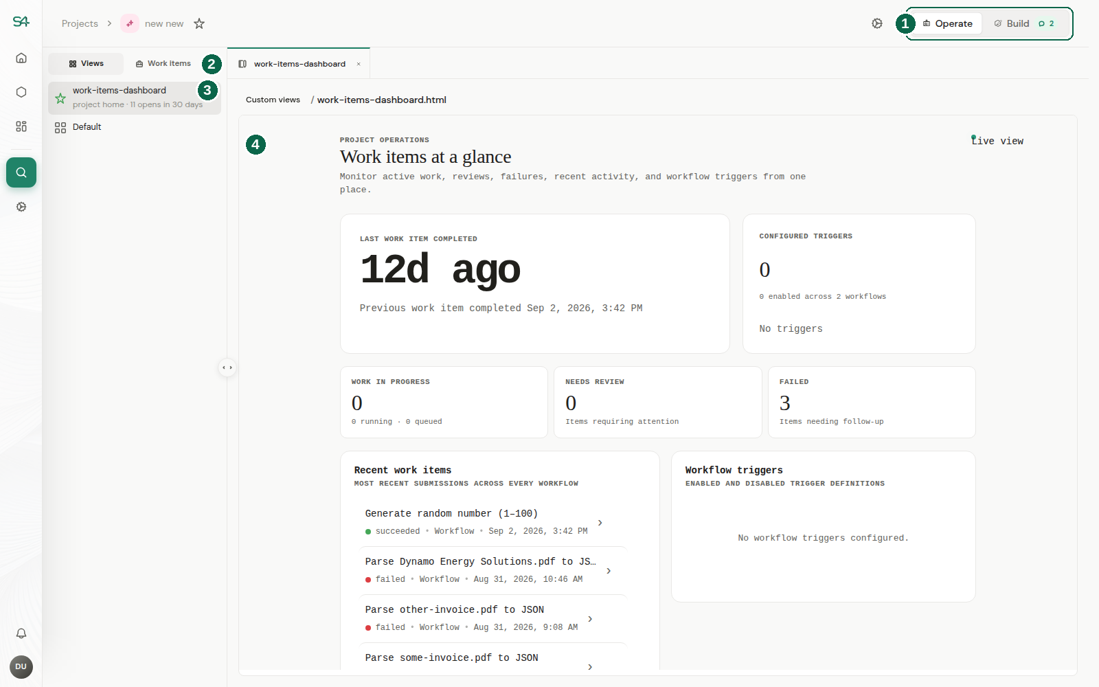 A Project in Operate: the Operate and Build switch, the Views and Work items rails, the list of views, and a custom view rendering