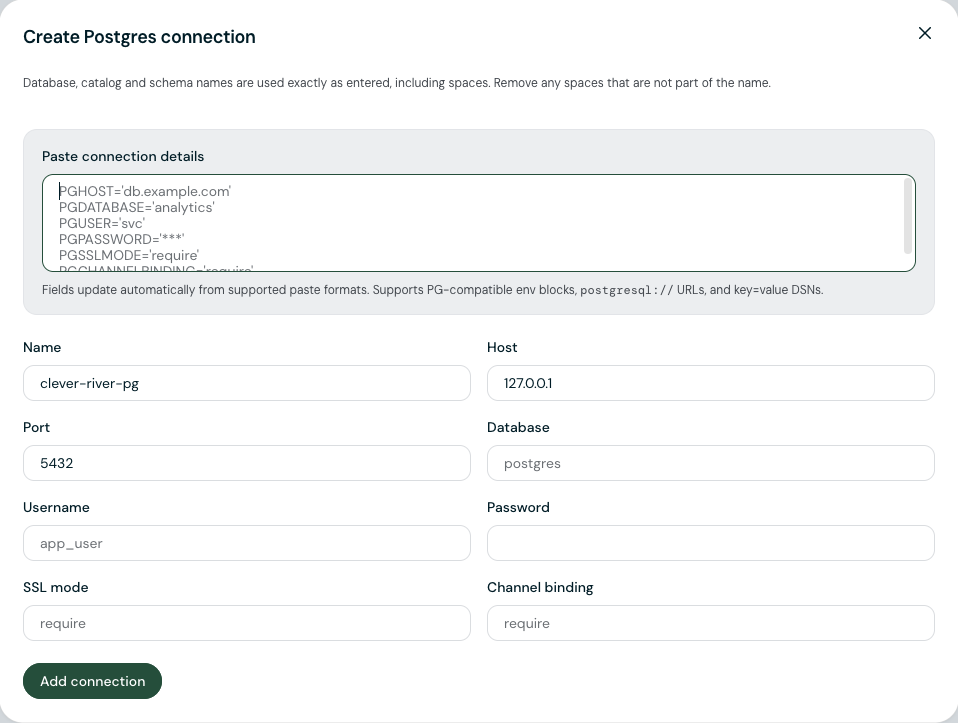 Create Postgres connection: the Paste connection details box above the Name, Host, Port, Database, Username, Password, SSL mode, and Channel binding fields