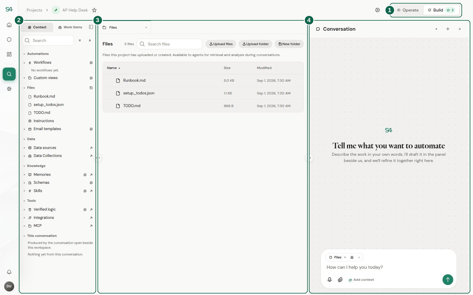 A Project open in Build: the Operate and Build switch, the Context sidebar, the workspace, and the conversation