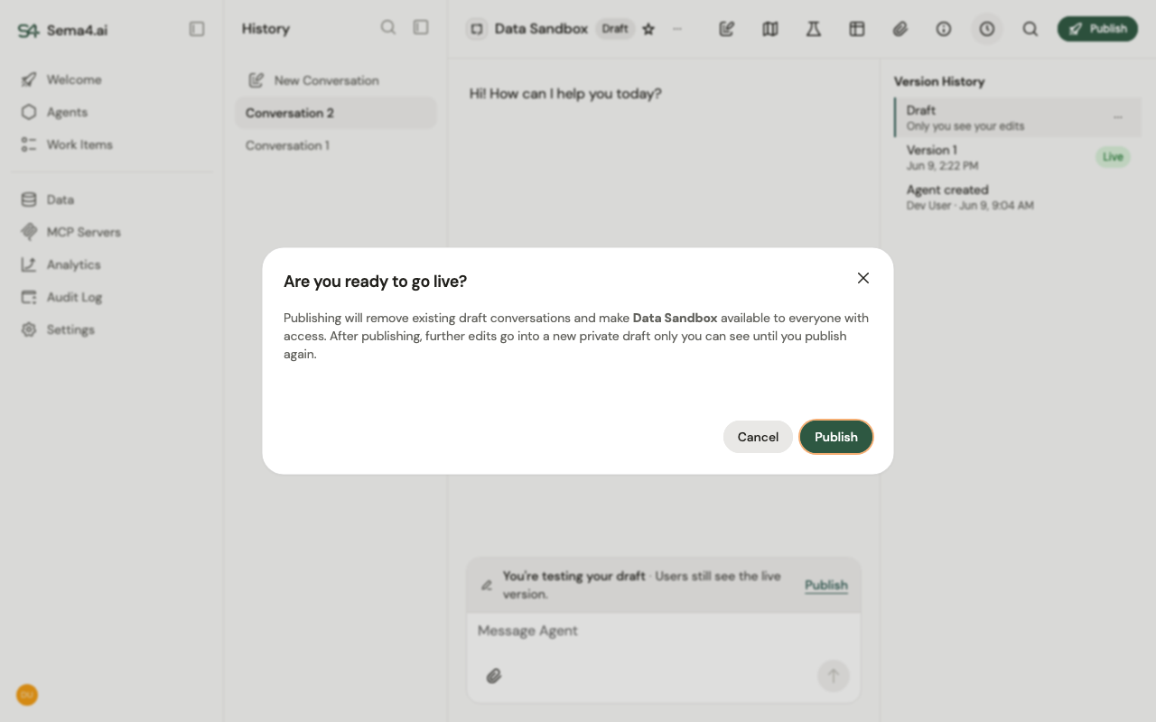 The publish confirmation dialog explaining that publishing makes the agent live and starts a new private draft