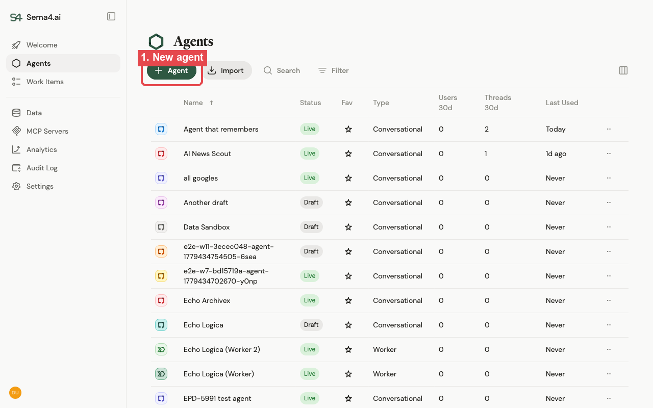 The Agents page with the + Agent button highlighted