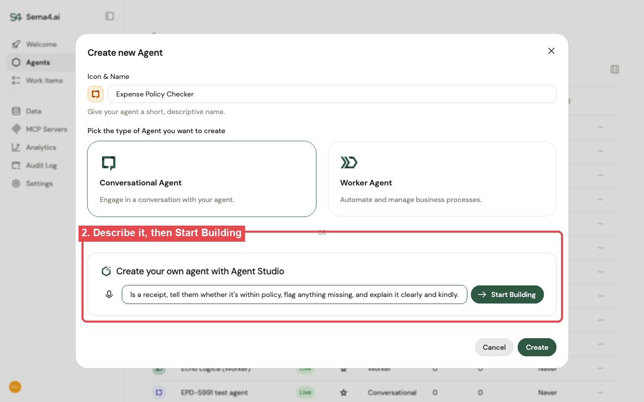 The Create new Agent dialog: name, Conversational type, and the Agent Studio "describe what you want" box with Start Building