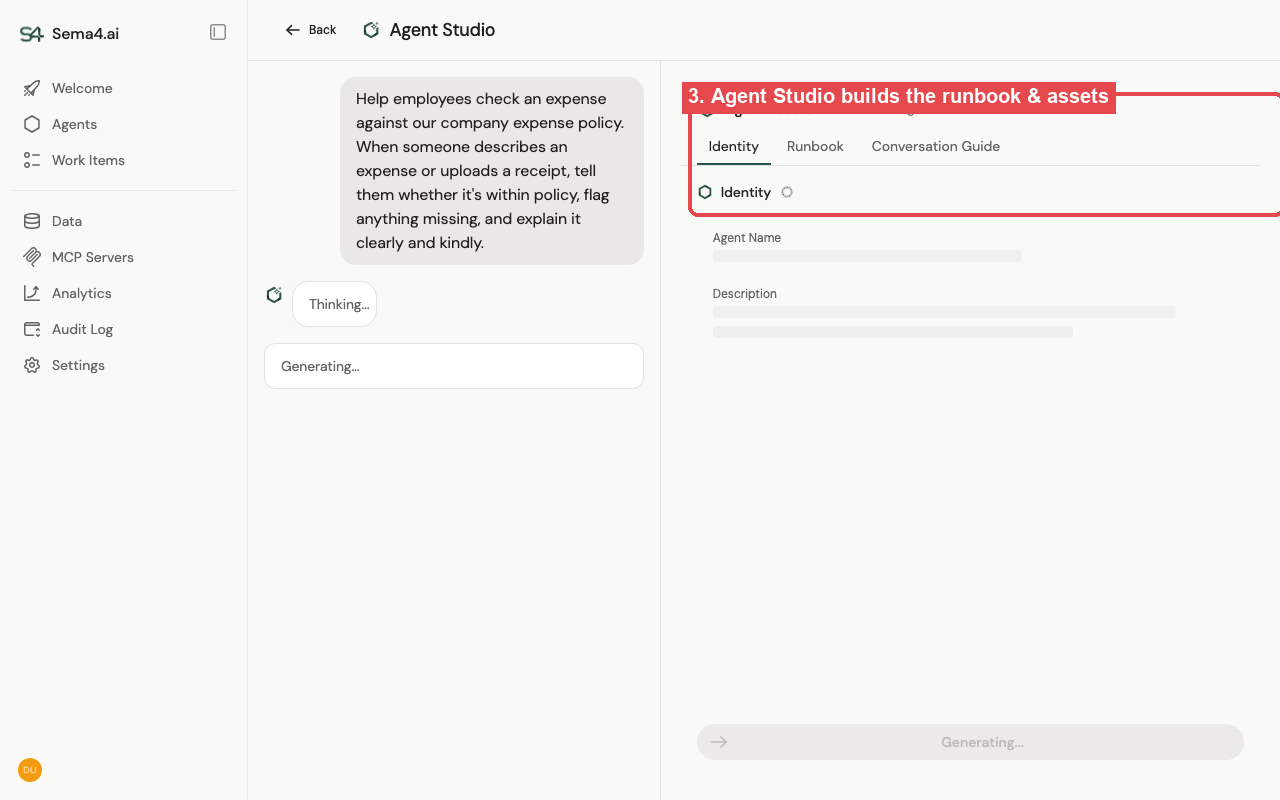 Agent Studio building the agent — the conversation on the left, and the generated Agent Assets (Runbook, Identity, Conversation Guide) on the right