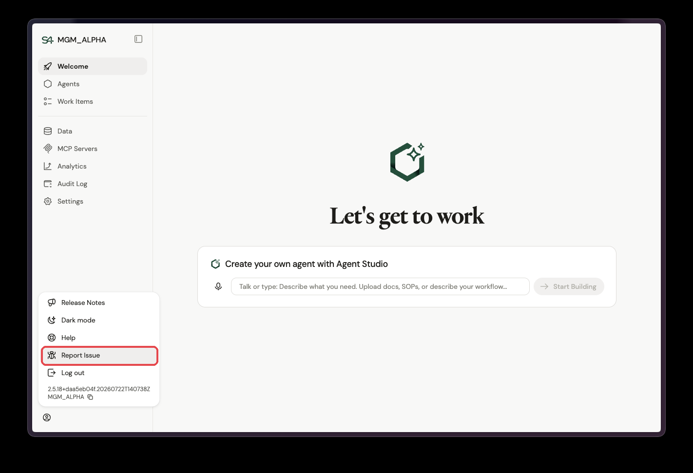 The user menu with the Report Issue item highlighted, showing the app version and instance name at the bottom