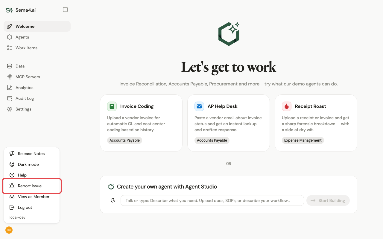 The user menu open, with Report Issue highlighted